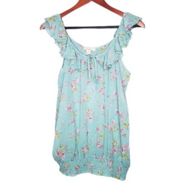 4/$25 Forever 21 Mint Green Floral Ruffle Sleeveless Top - Picture 3 of 7